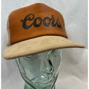 Vintage 70's 80's Coors Leather Corduroy Snapback Hat Cap Rare Brown Tan USA